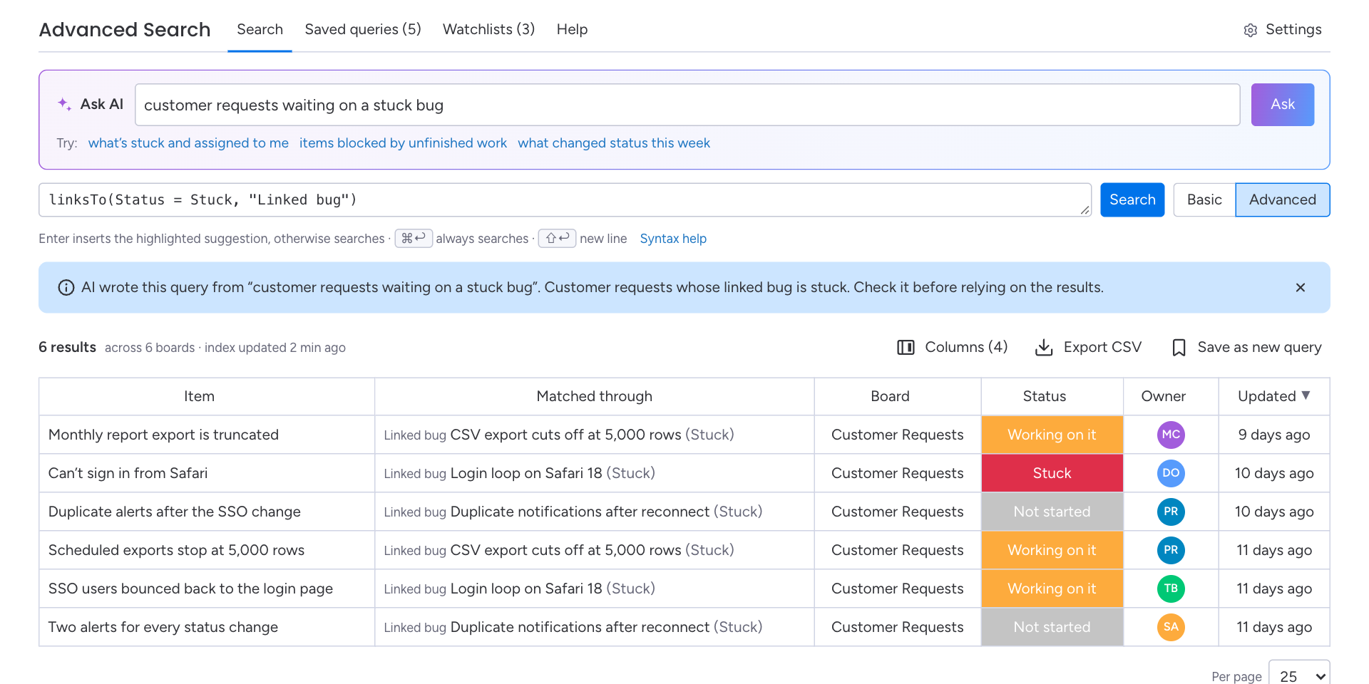 Advanced Search in monday.com: Ask AI turned the question “customer requests waiting on a stuck bug” into a linksTo query and listed the matching requests, each with its stuck bug