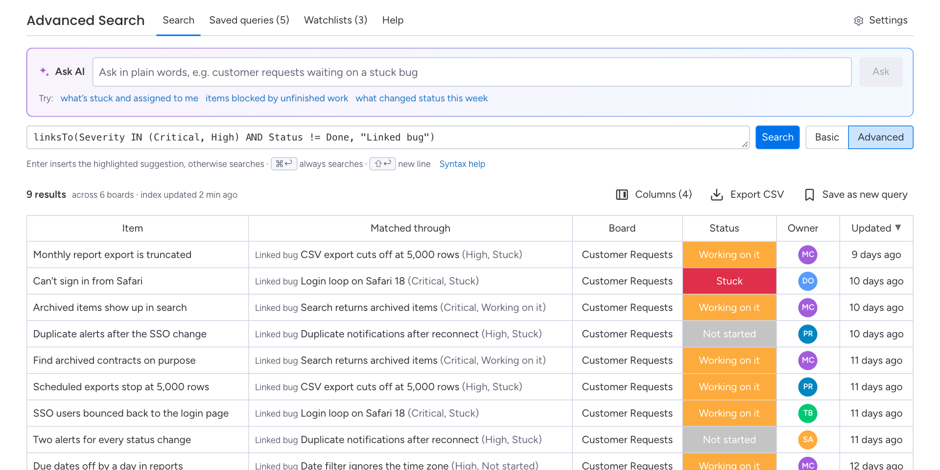 A linksTo query listing customer requests with the linked bug that matched, shown in a Matched through column