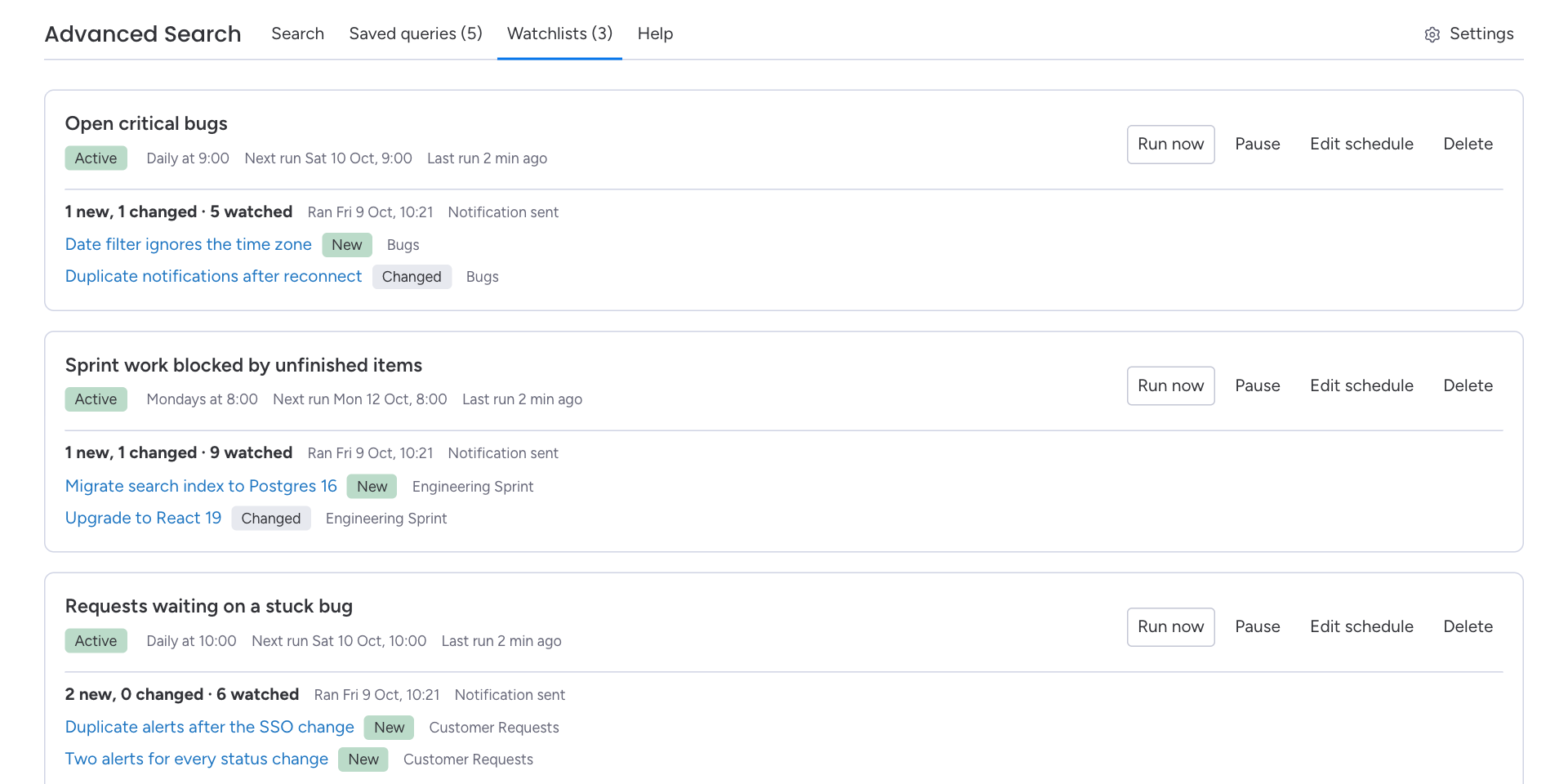 The Watchlists tab: three watched searches, daily and weekly, each with a digest of new and changed items