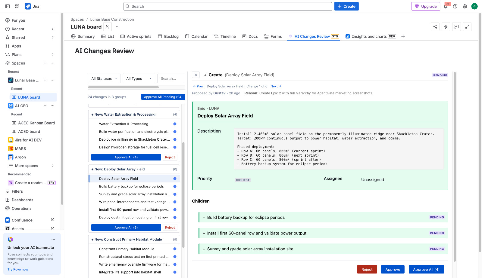 AgentGate's AI Changes Review screen inside Jira: a queue of pending changes proposed by an AI agent, grouped by epic. The Epic 'Deploy Solar Array Field' is selected, showing its description and child stories — each marked PENDING — alongside Approve, Reject, and Approve All controls.
