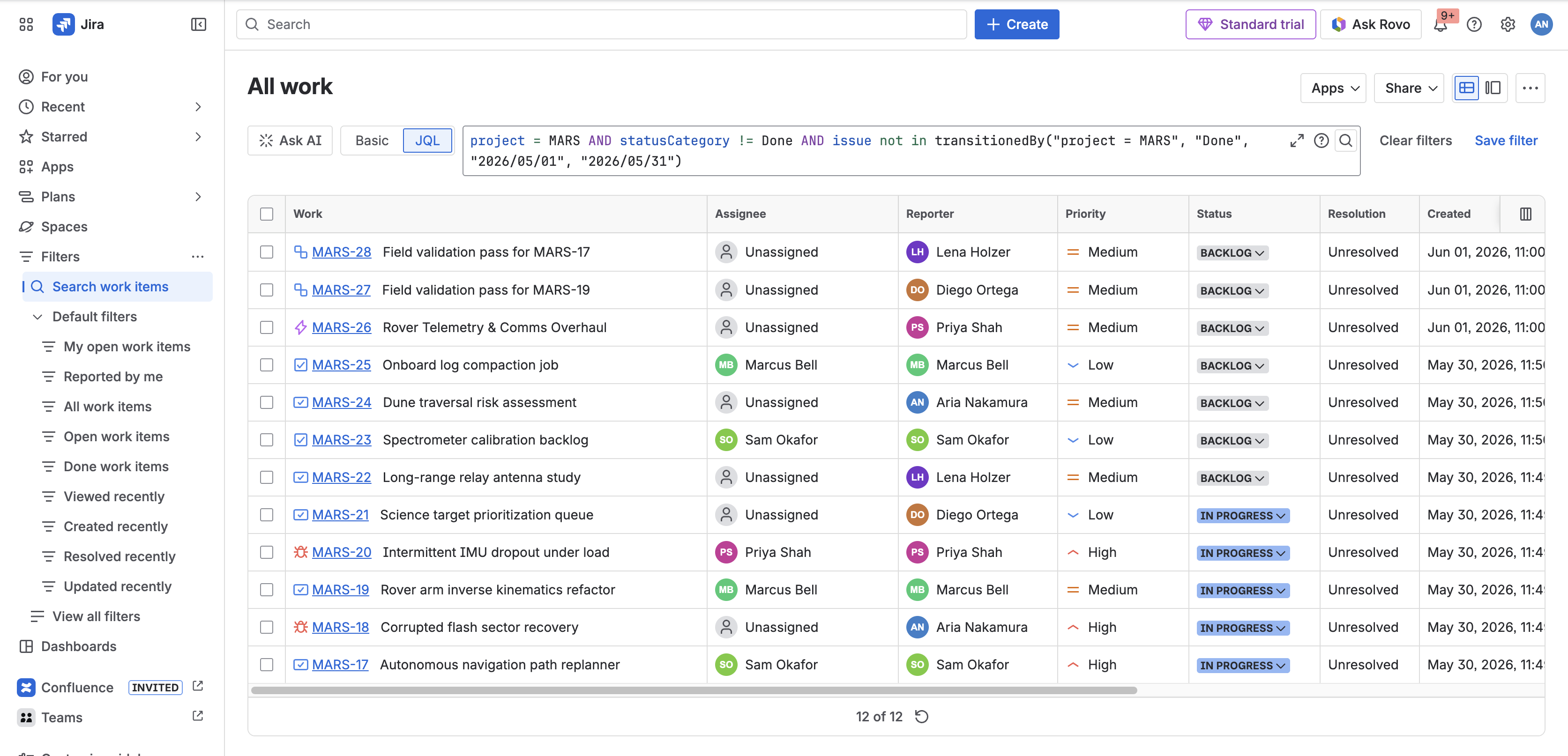Jira work item search showing still-open MARS items that were never transitioned to Done in May