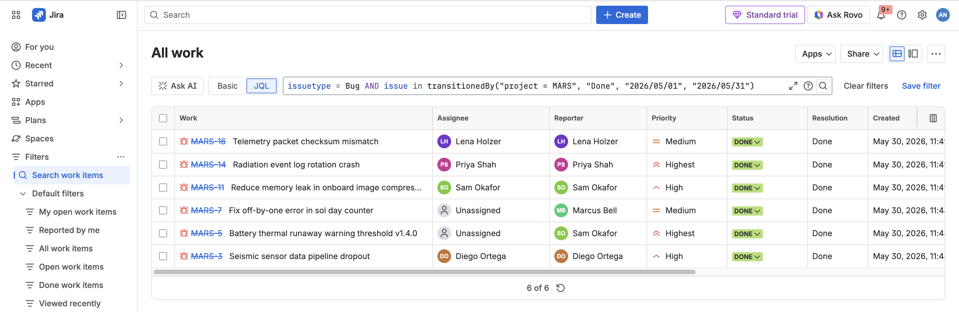 Jira work item search combining issuetype = Bug with Argon transitionedBy to list bugs shipped in May