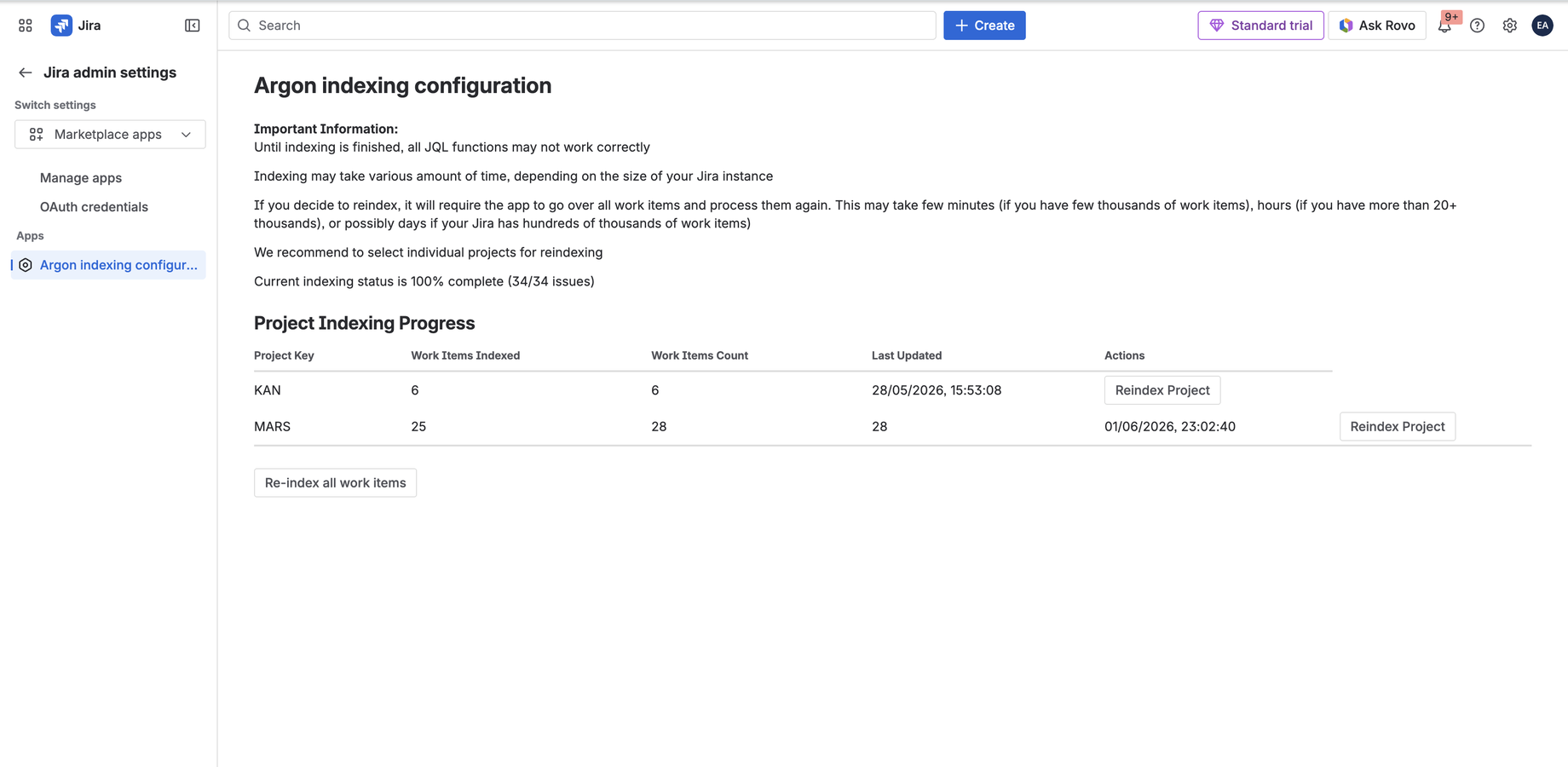 Argon indexing configuration admin page