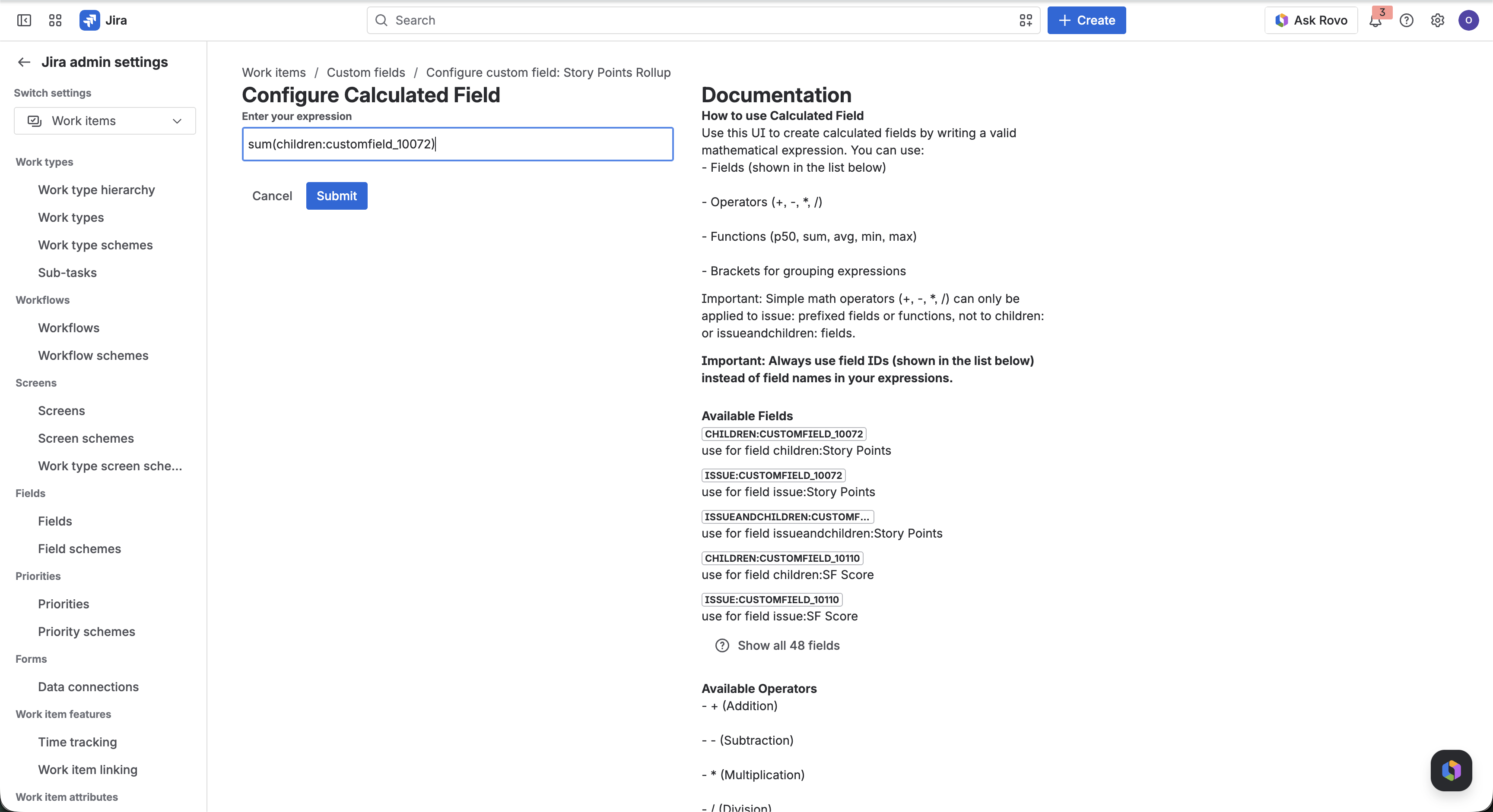 Argon Calculated Field configuration screen: the expression sum(children:customfield_10072) validated with no error, next to a documentation panel listing available field IDs