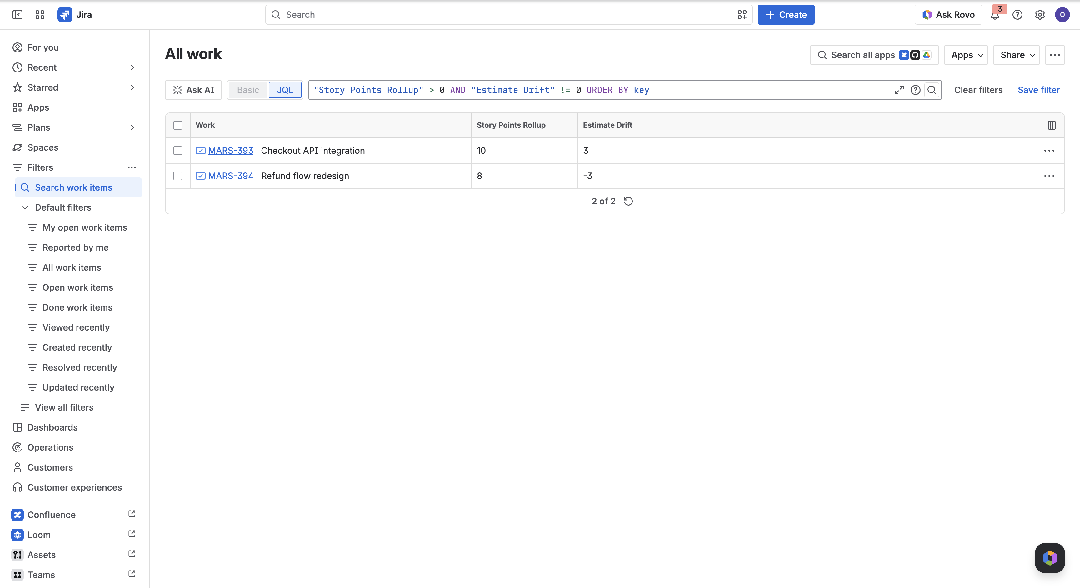 Jira work item search using the JQL Story Points Rollup greater than 0 and Estimate Drift not equal to 0, returning two stories with their Rollup and Drift columns
