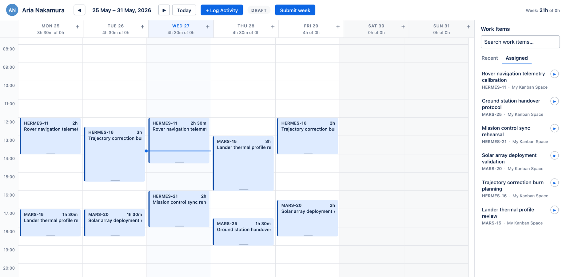 Aevon Timesheets weekly calendar in Jira with drag-and-drop worklog cards and a Work Items panel