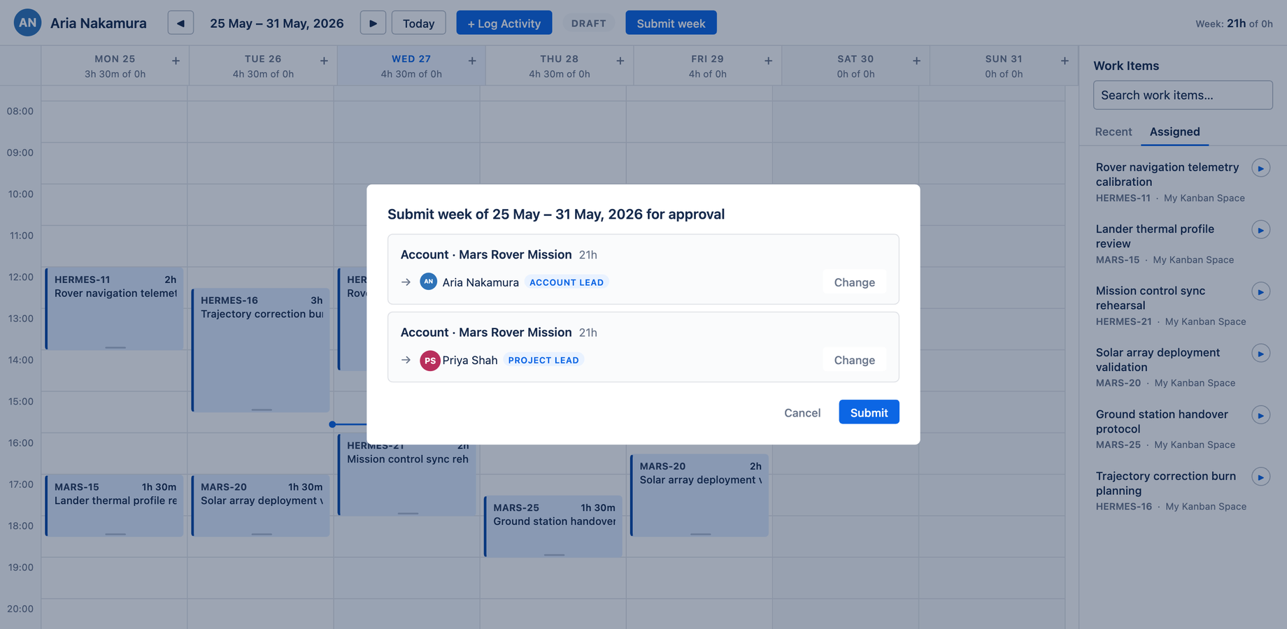 Aevon submit dialog splitting a week into per-account approval groups, each with its own approver and a Change button