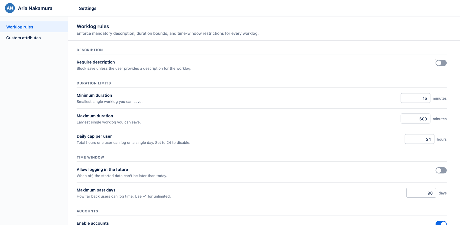 Settings — worklog rules and permissions