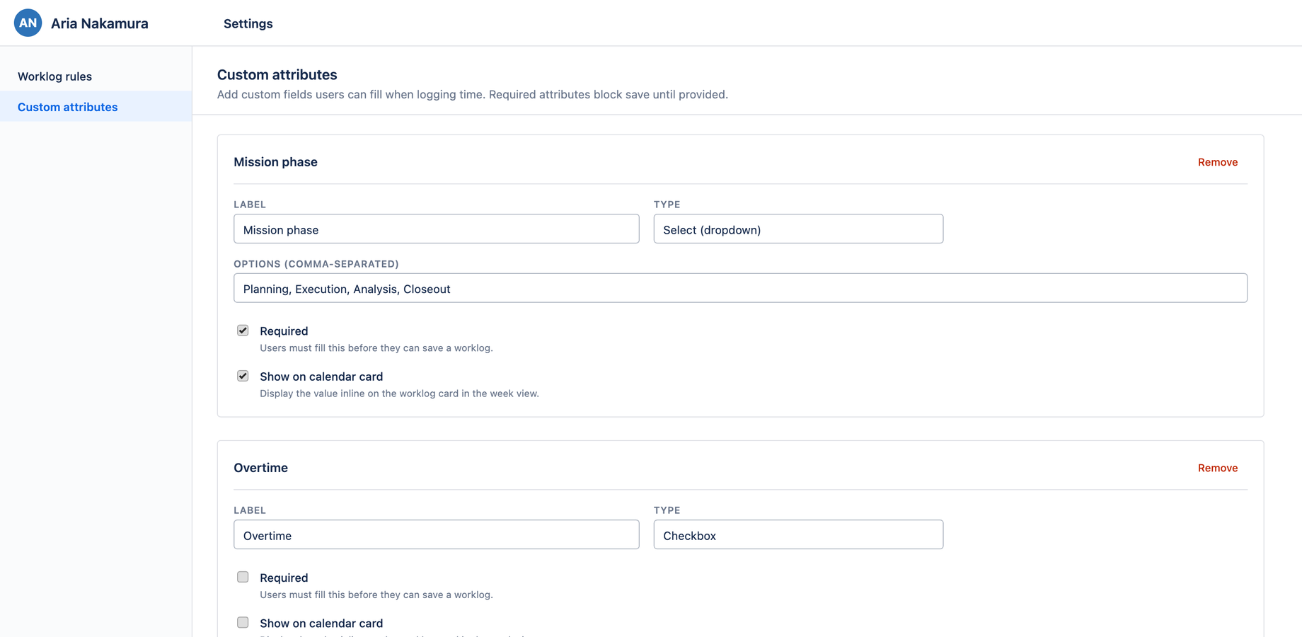Custom attributes — text, number, select, checkbox, date