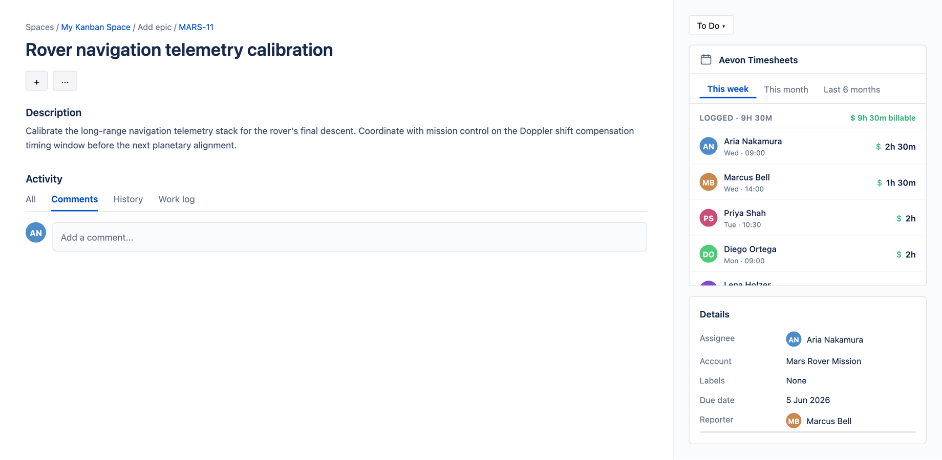 Aevon issue panel inside a Jira issue showing worklogs logged against that issue with quick-log shortcuts