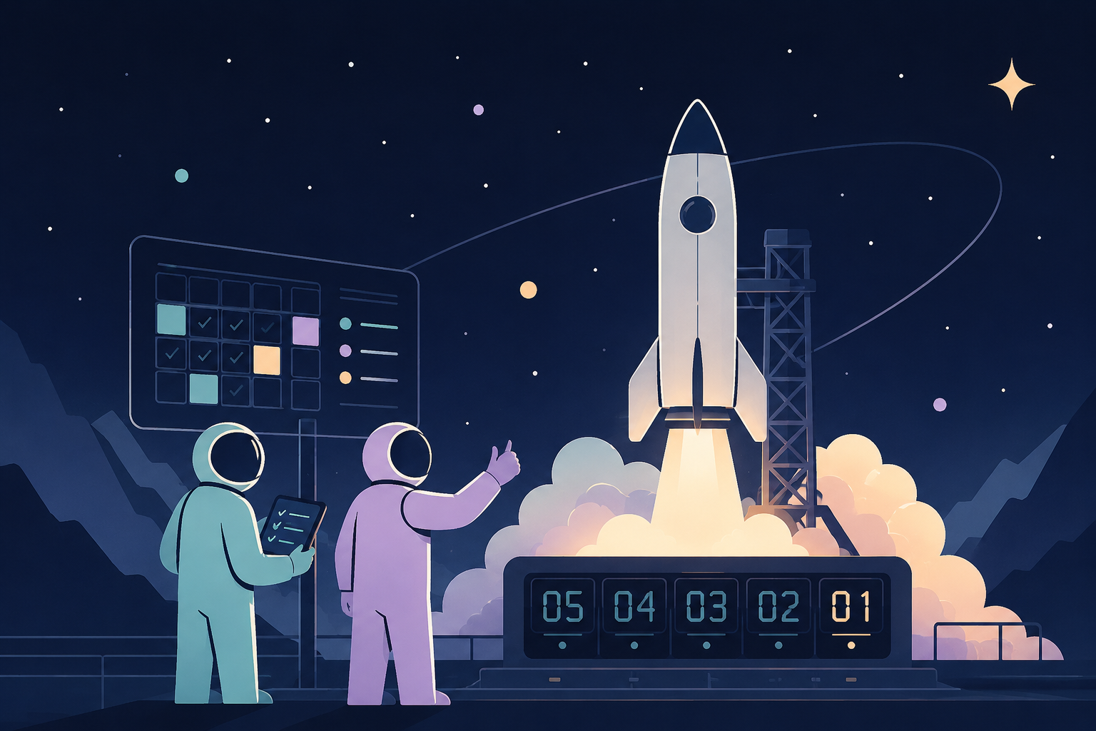 Aevon Timesheets — astronauts reviewing a timesheet board next to a rocket launch